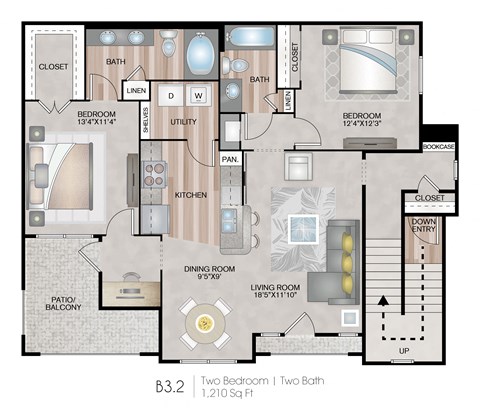 Floor plan for 2 beds, 2 baths, 1210 sqft